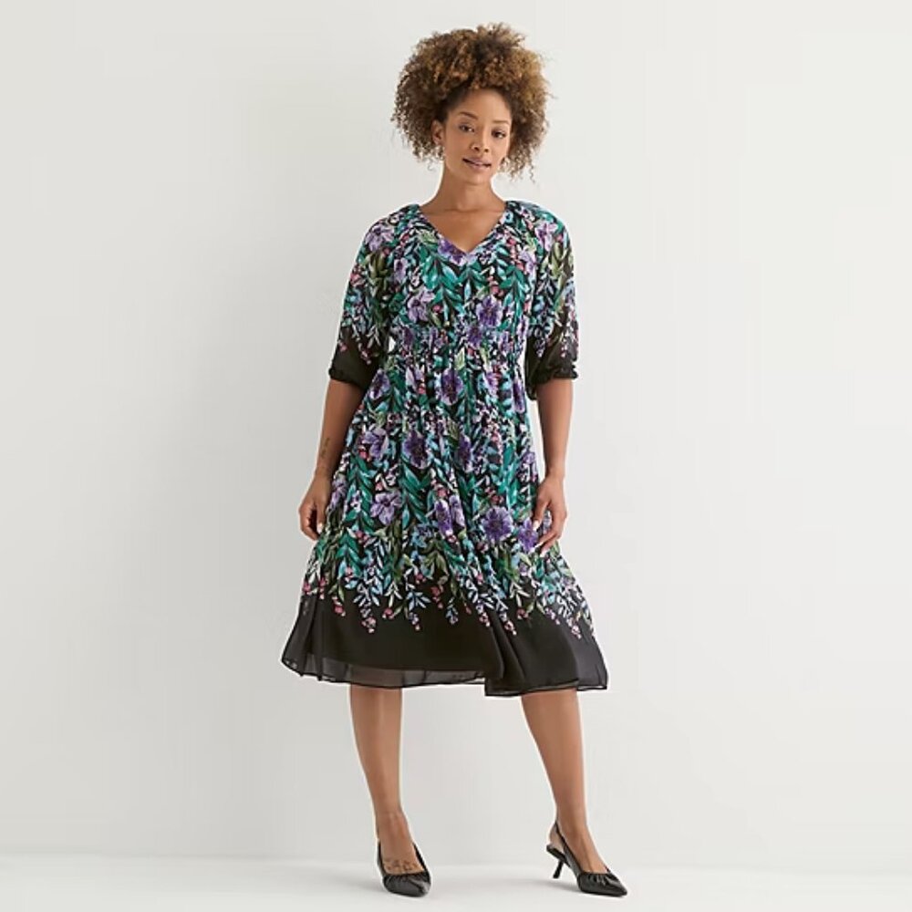 Danny & Nicole Womens 3/4 Sleeve Floral Midi Fit + Flare Dress - Sz 16 925177